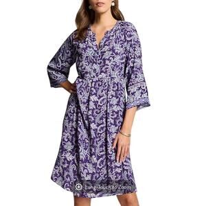 J Jill XL Petite Purple Split-Neck A-Line Dress grape ornamental jacobean